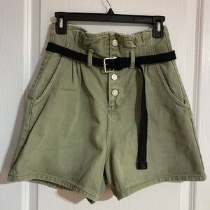 Zara High Waist Paper Bag Belted Buttoned Western Boho Jean Shorts Size XS